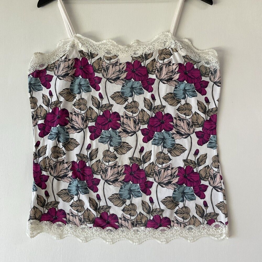 Ann Taylor Women XL Y2K Pink Blue Floral Lace Cami Tank Top Boho Whimsical